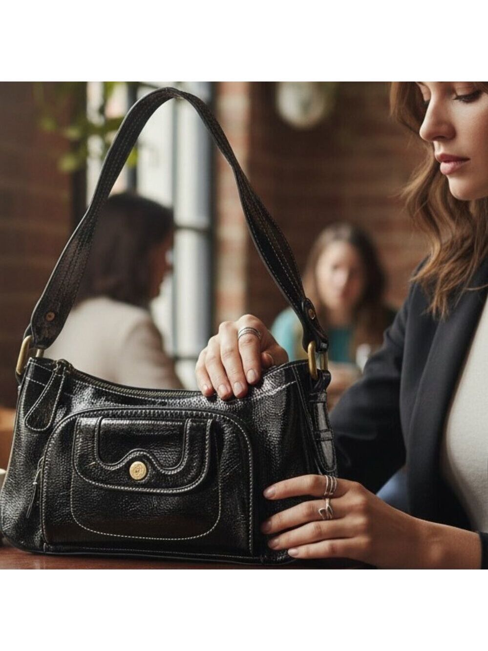 ✨ Perlina New York Black Patent Leather Shoulder Bag – Chic & Functional ✨